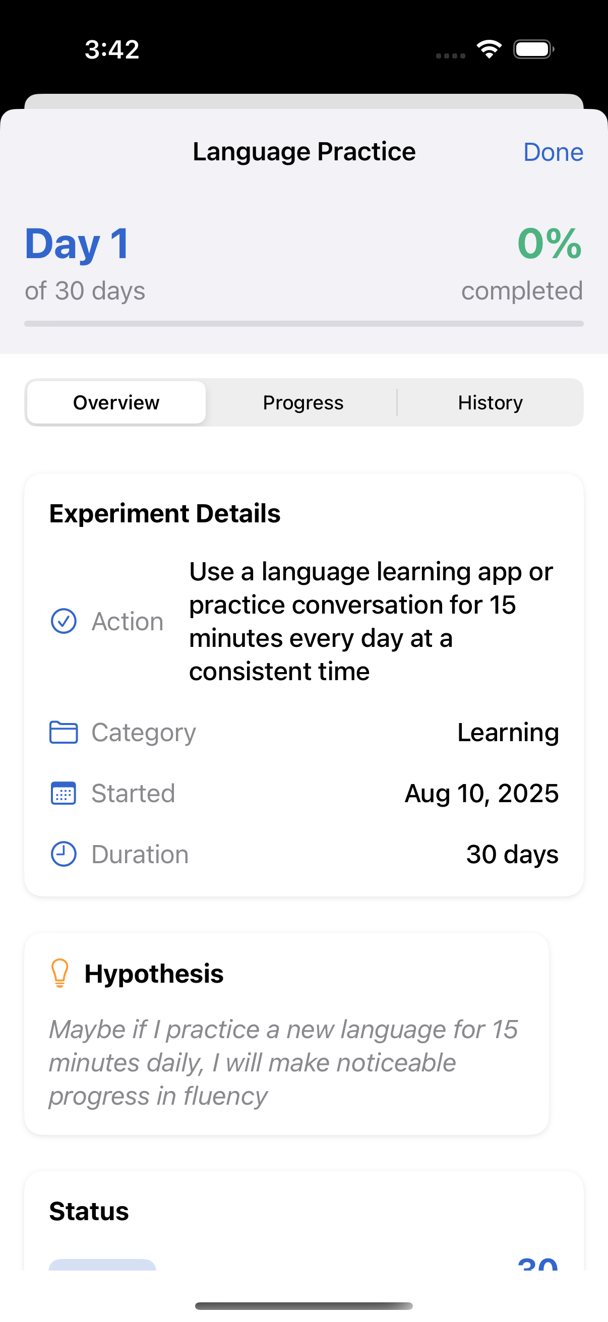 Detailed experiment view showing Language Practice with progress and hypothesis