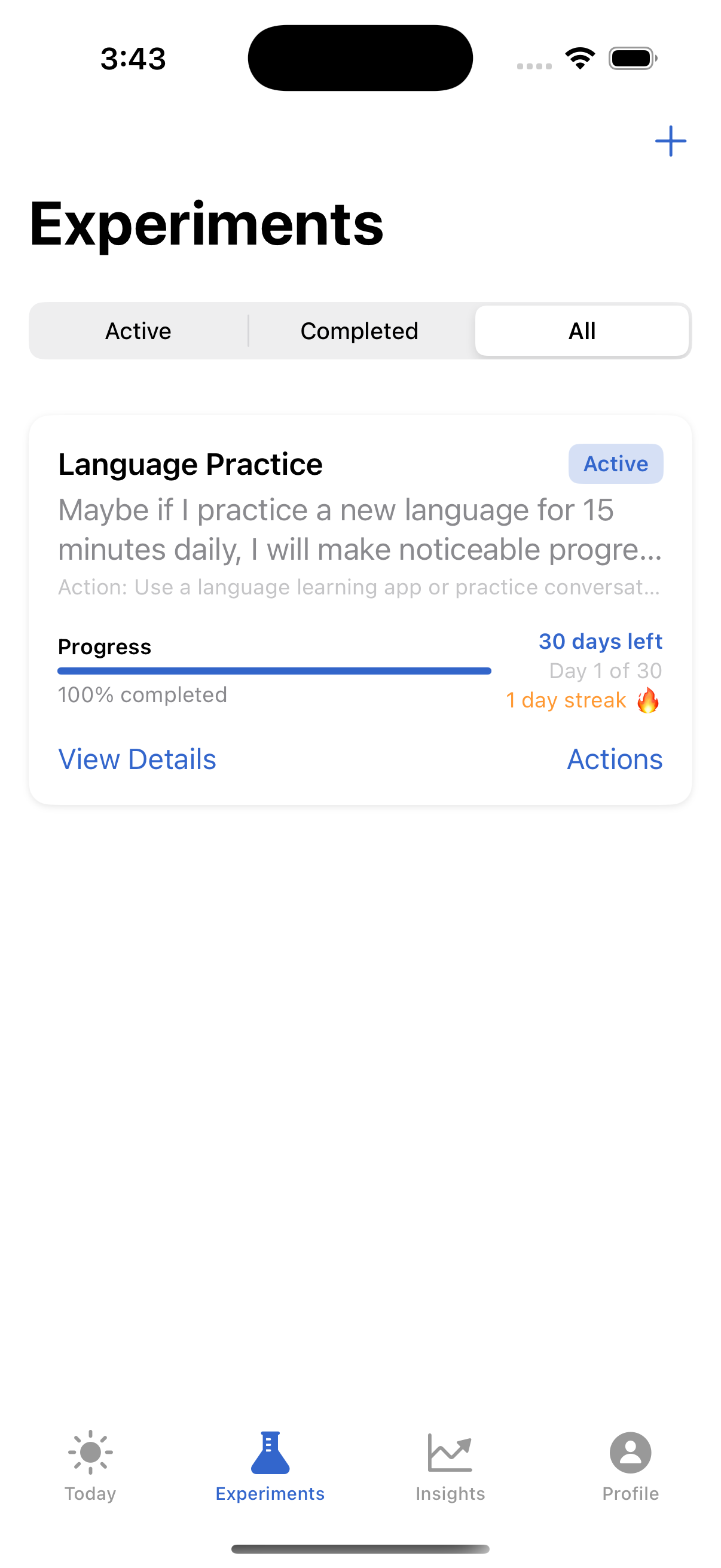 Experiments list showing active Language Practice with progress bar and streak