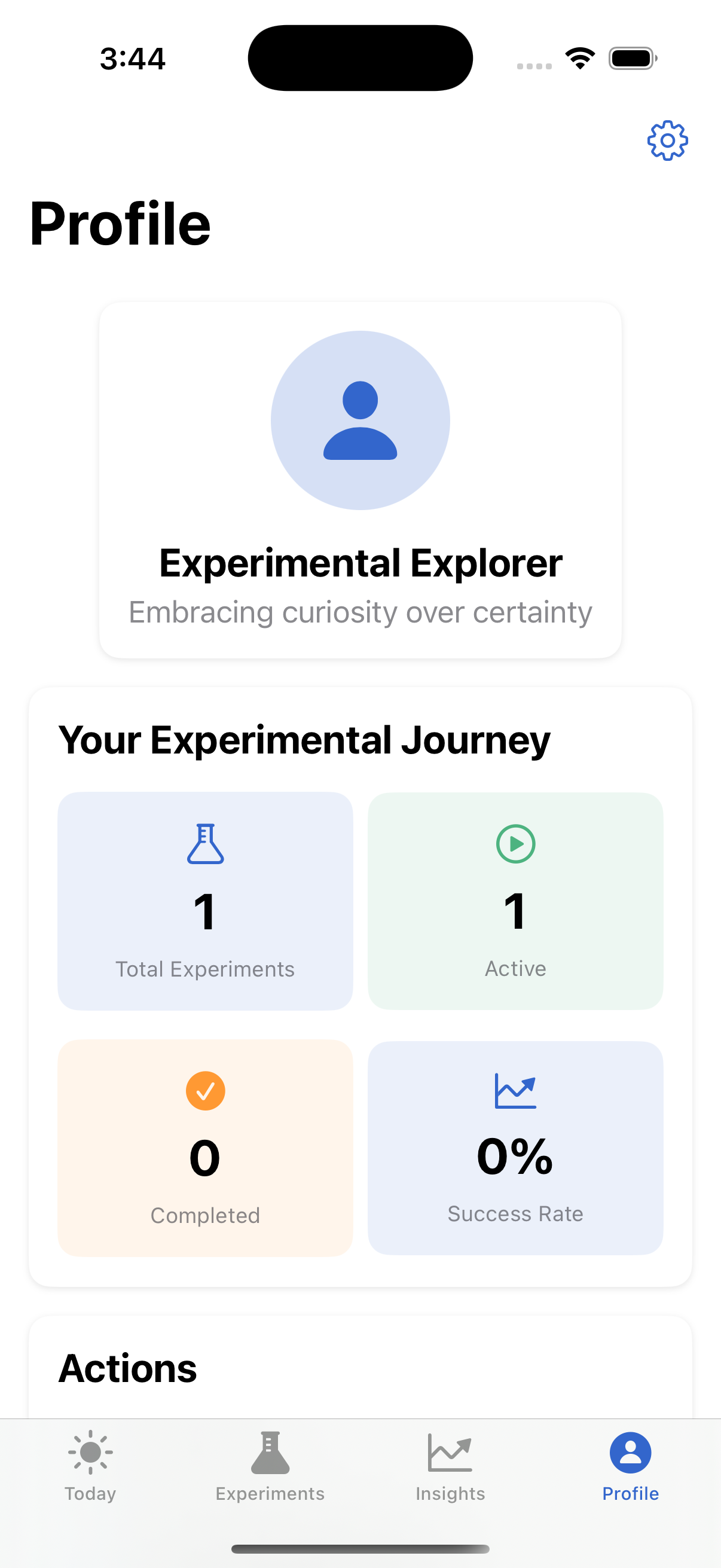 Profile view showing experimental journey stats and achievements