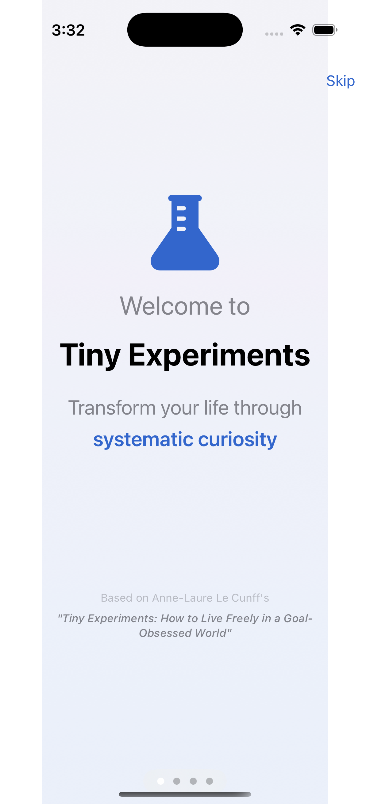 Welcome screen introducing Tiny Experiments with systematic curiosity