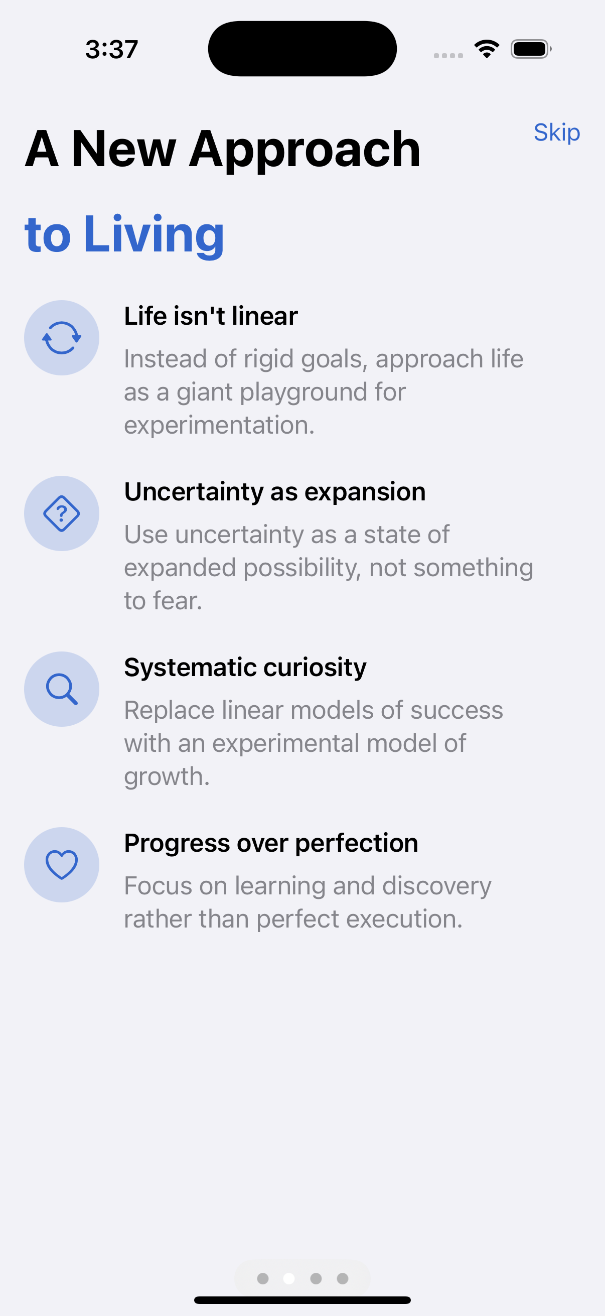 Philosophy screen showing new approach to living with core principles