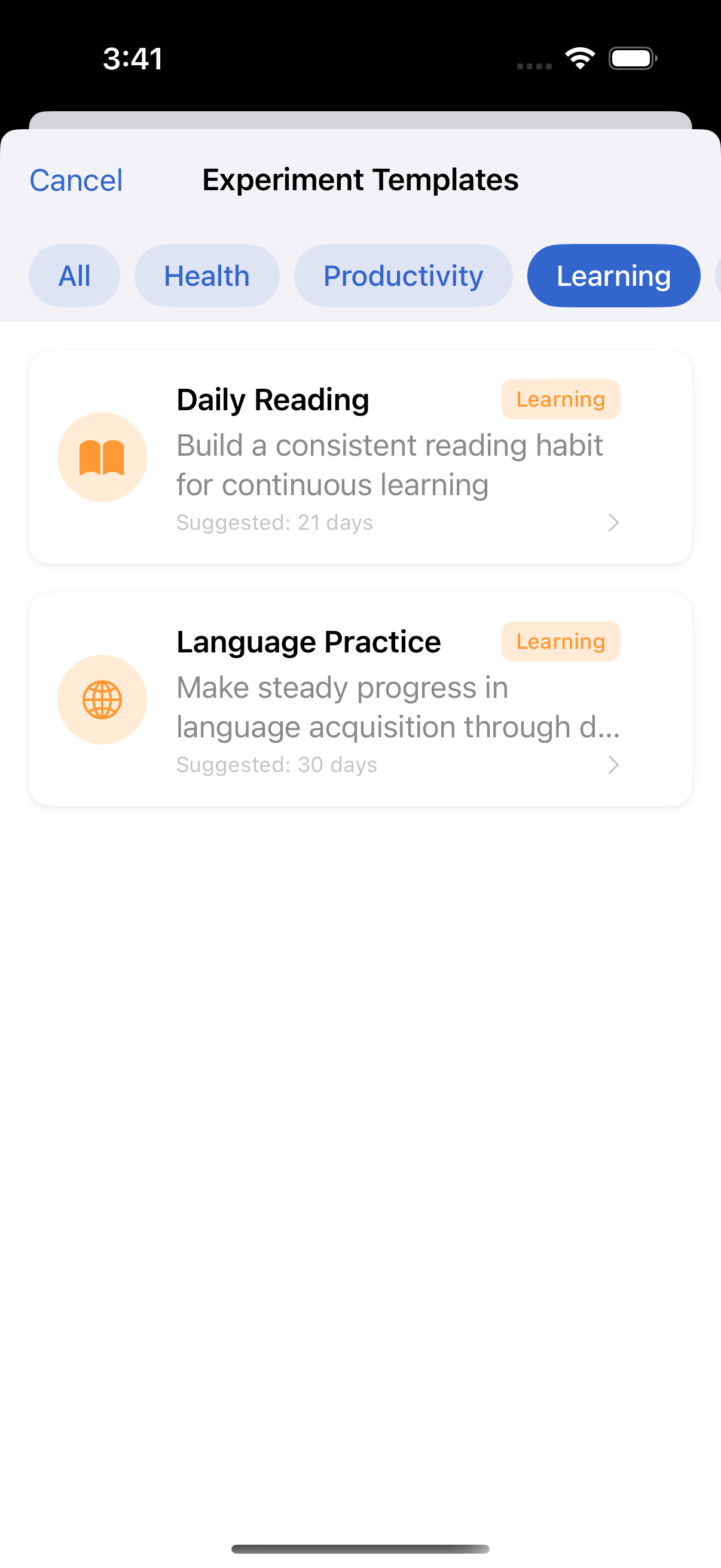 Experiment templates with categories like Health, Learning, Productivity