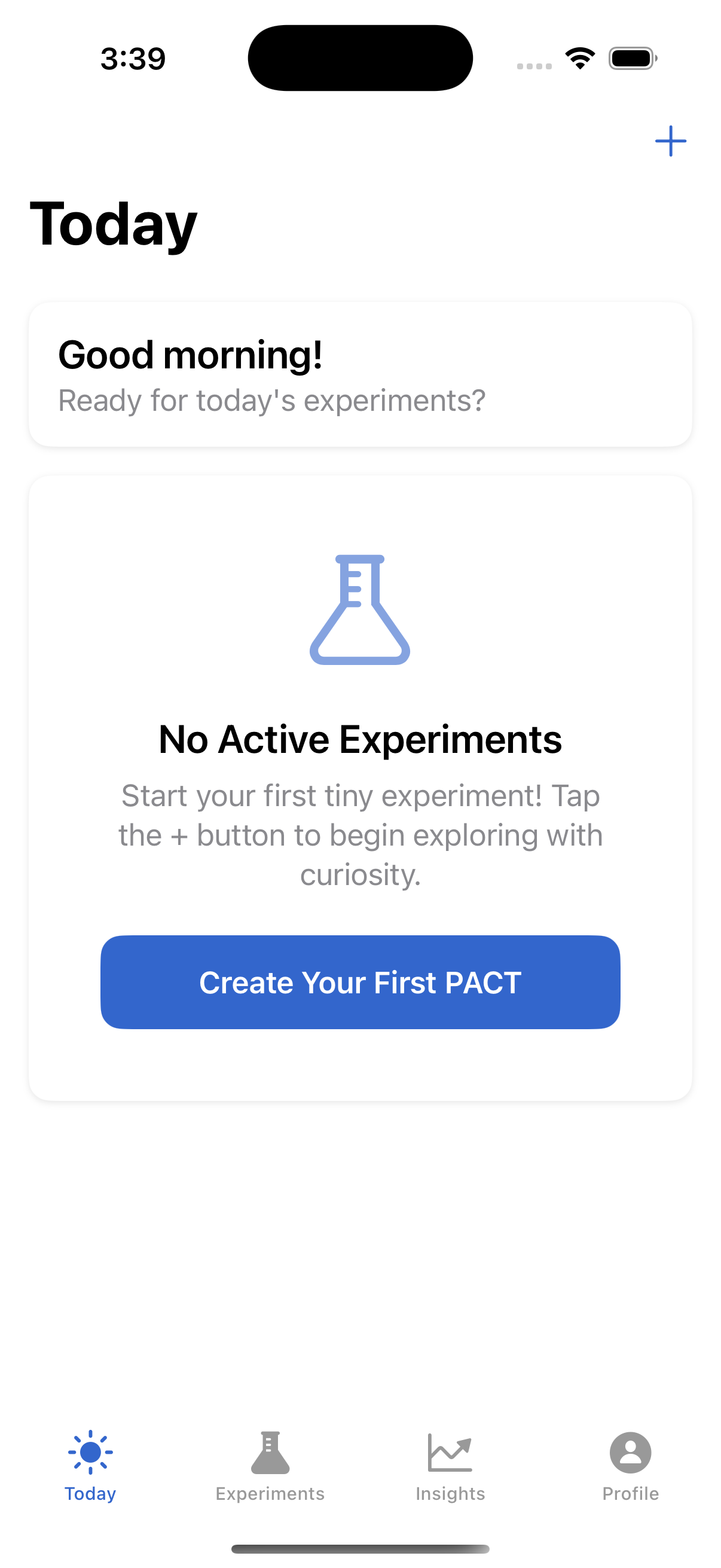 Today view empty state encouraging first experiment creation